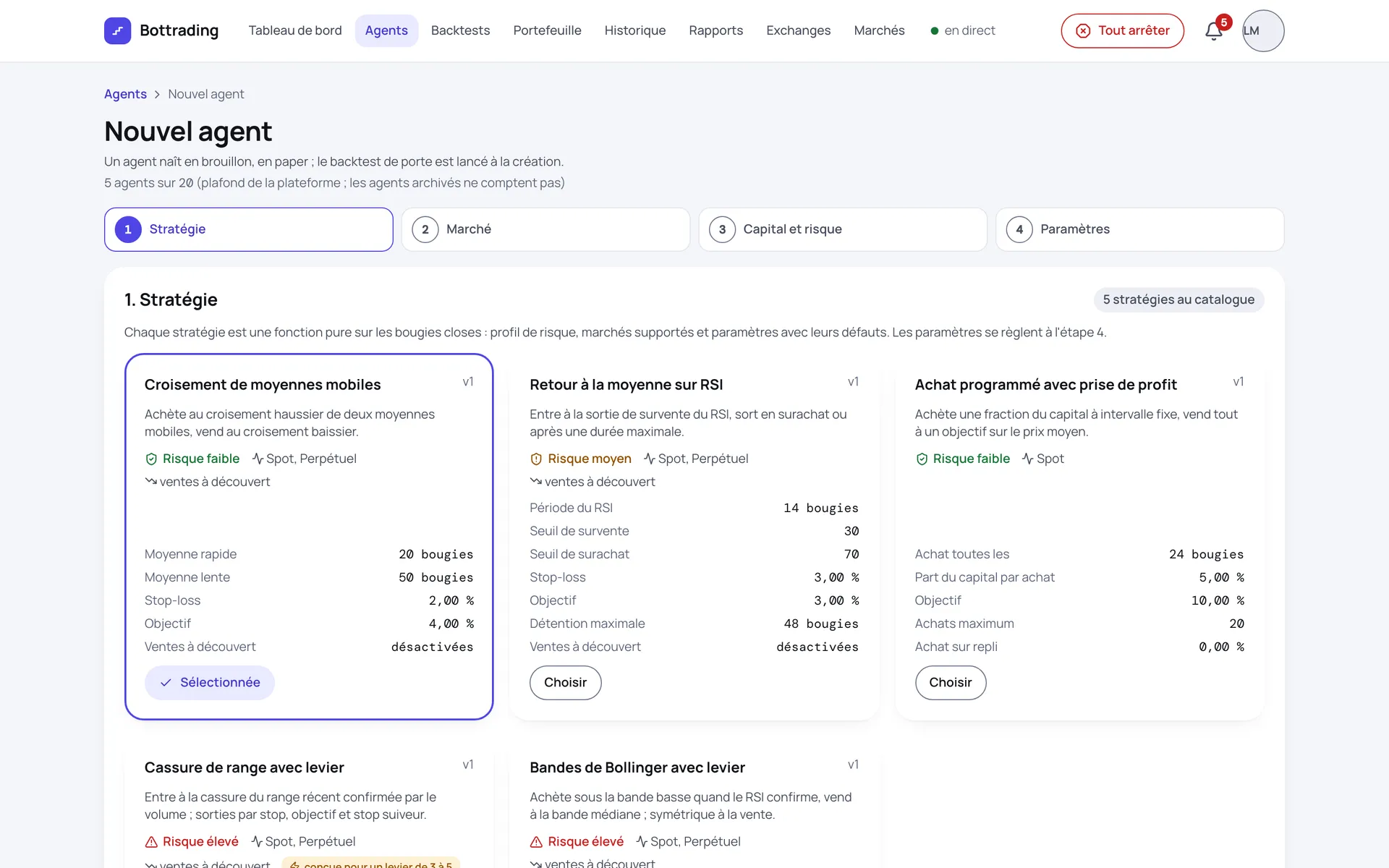 Bottrading, planche de conception : création d'un agent