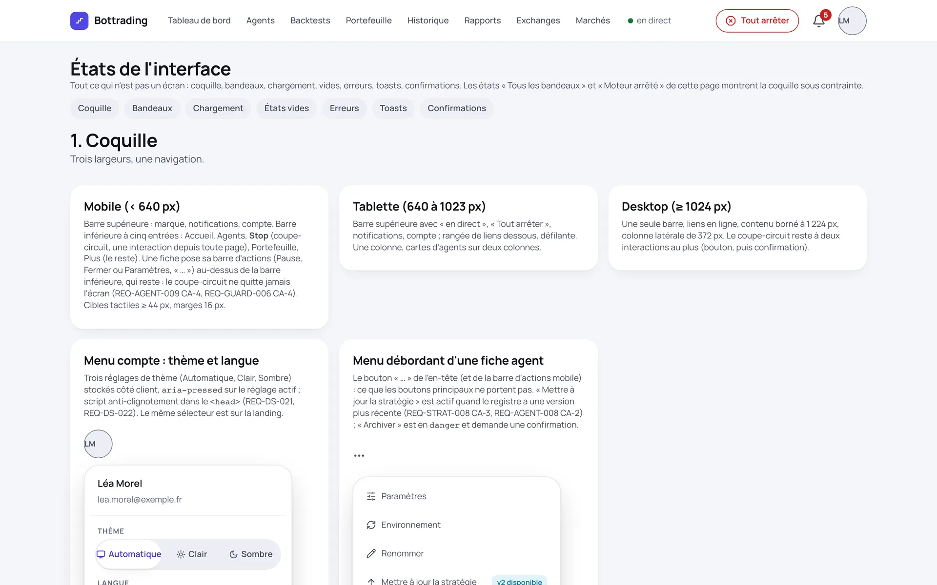 Bottrading, planche de conception : états de l'interface